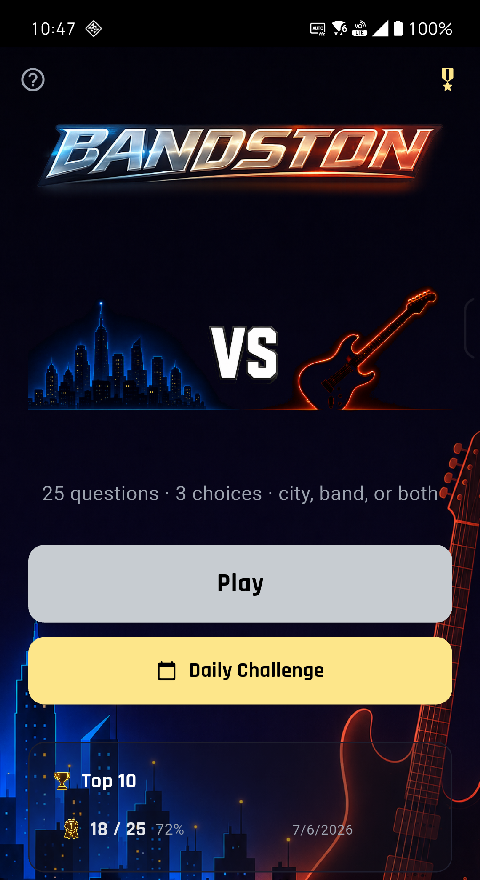 Bandston home screen showing Play and Daily Challenge buttons